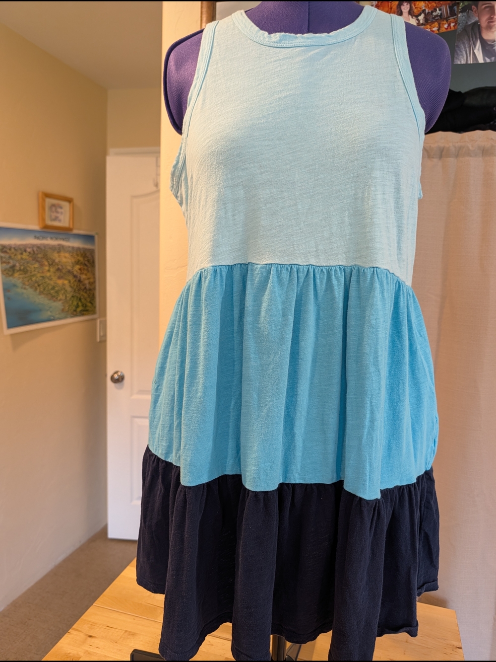Sleeveless Tiered Colorblock Summer Dress - Light Blue/Teal/Dk Blue